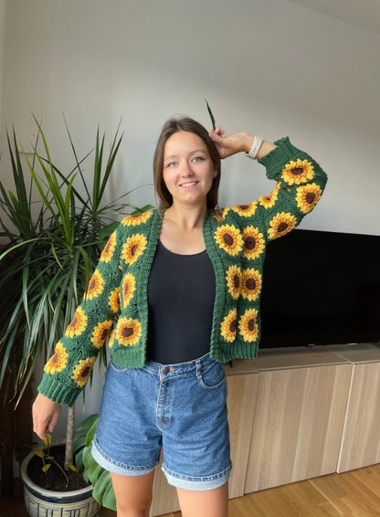SUNFLOWER CROCHET CARDIGAN FROM GRANNY SQUARES  | pdf pattern in English
