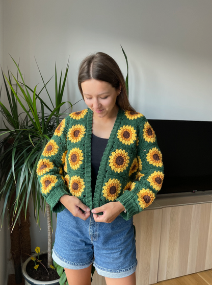 SUNFLOWER CROCHET CARDIGAN FROM GRANNY SQUARES  | pdf pattern in English