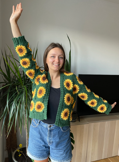 SUNFLOWER CROCHET CARDIGAN FROM GRANNY SQUARES  | pdf pattern in English