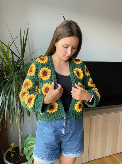 SUNFLOWER CROCHET CARDIGAN FROM GRANNY SQUARES  | pdf pattern in English