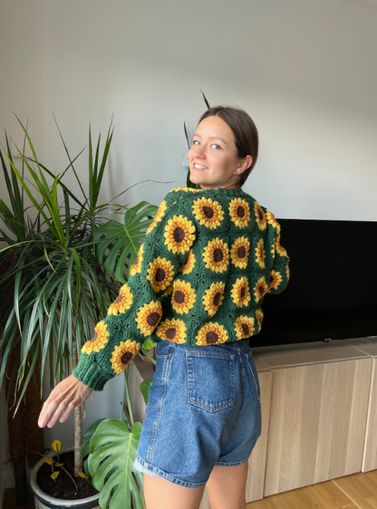 SUNFLOWER CROCHET CARDIGAN FROM GRANNY SQUARES  | pdf pattern in English