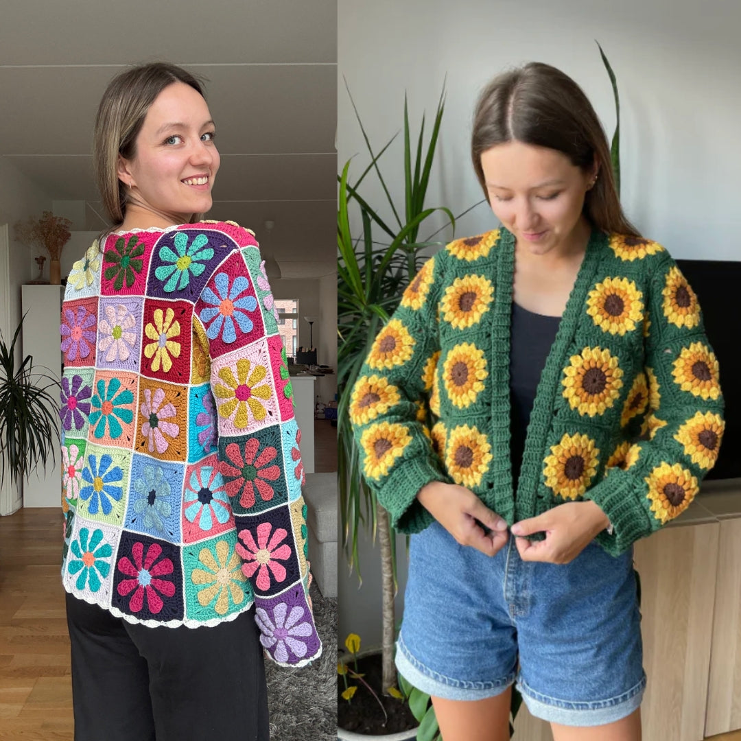 GRANNY SQUARE CARDIGAN 2-PACK | sunflower & retro daisy pdf pattern in English