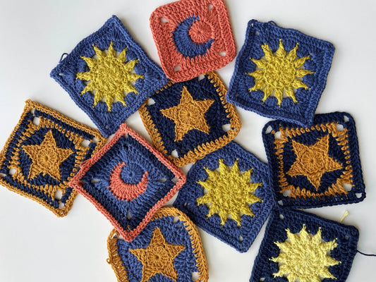 STAR, SUN & MOON granny square 3-pack | beginner friendly pdf crochet pattern in English