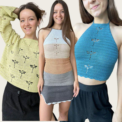 DRAGONFLY 3-PACK | crochet dragonfly halter top, dress, and sweater pdf patterns in English