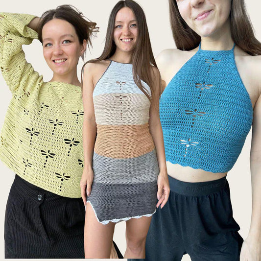 DRAGONFLY 3-PACK | crochet dragonfly halter top, dress, and sweater pdf patterns in English