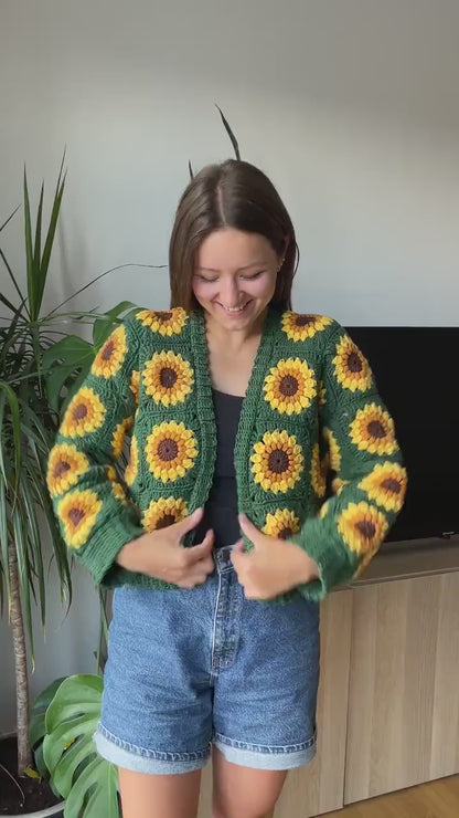 SUNFLOWER CROCHET CARDIGAN FROM GRANNY SQUARES  | pdf pattern in English